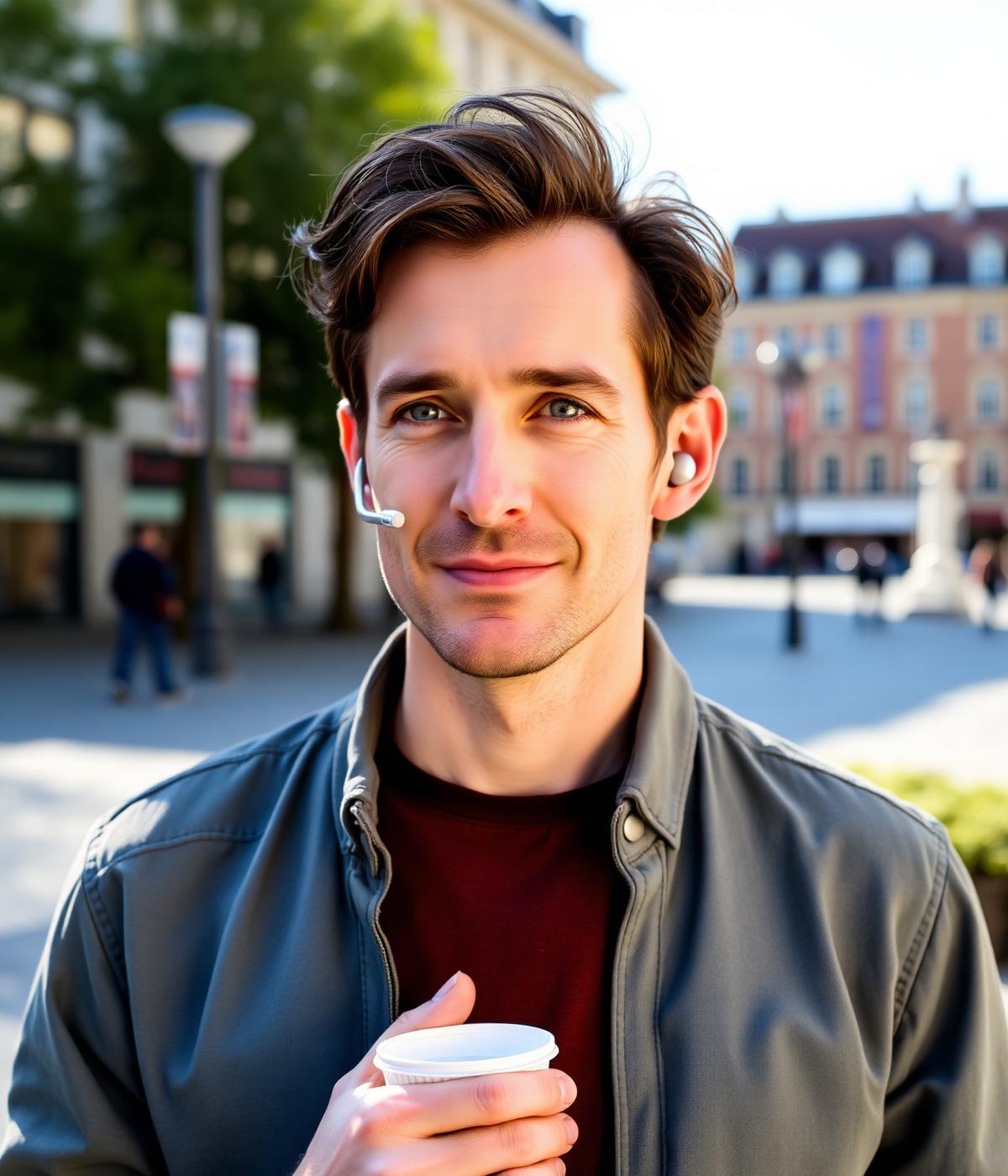 Mann aus Deutschland auf einem Platz mit den TVE Easy Audio Kopfhörern
